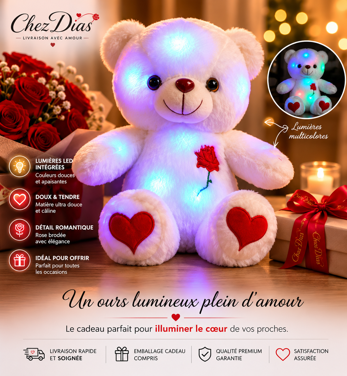 Ours en Peluche Lumineux LED – Rose & Cœurs Rouges